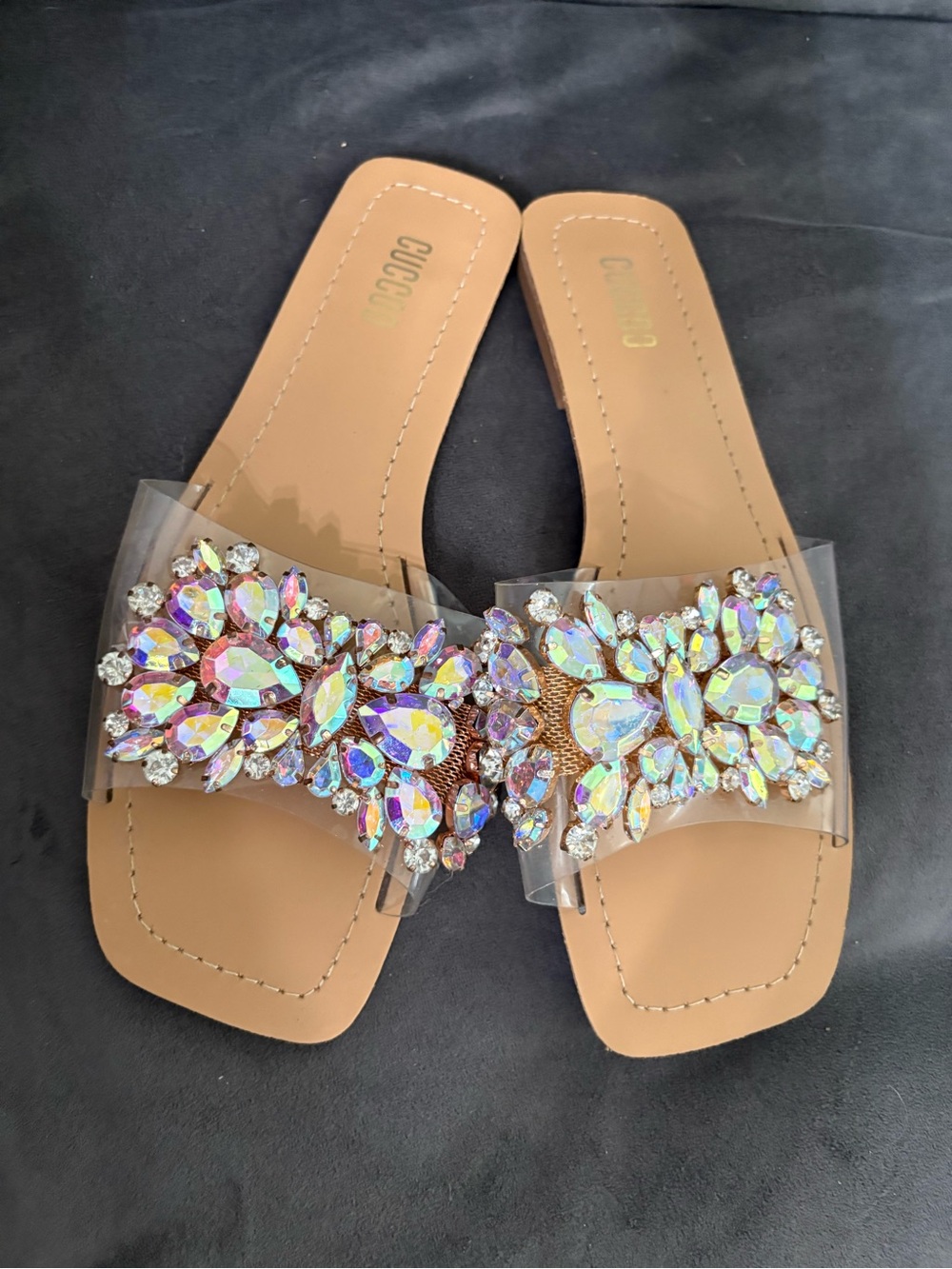 Nude Iridescent Crystal Slide Sandals
